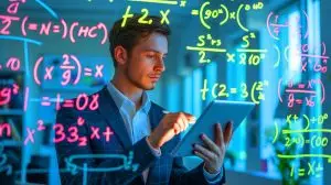 Illustration of a mathematician solving the ancient problem of fifth-degree polynomial equations. Image generated by AI.