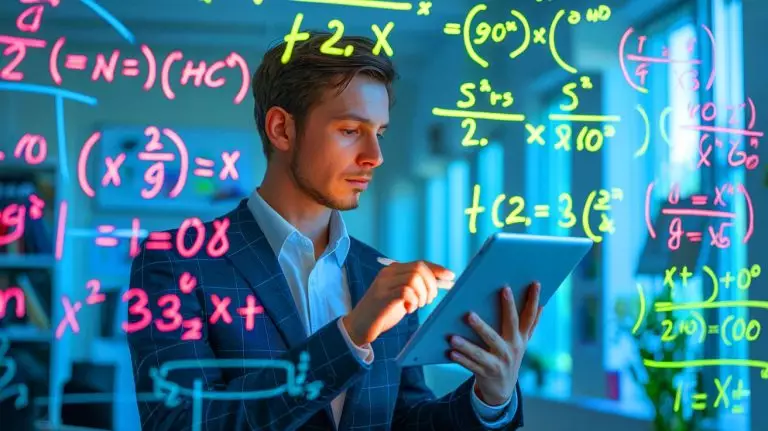 Illustration of a mathematician solving the ancient problem of fifth-degree polynomial equations. Image generated by AI.