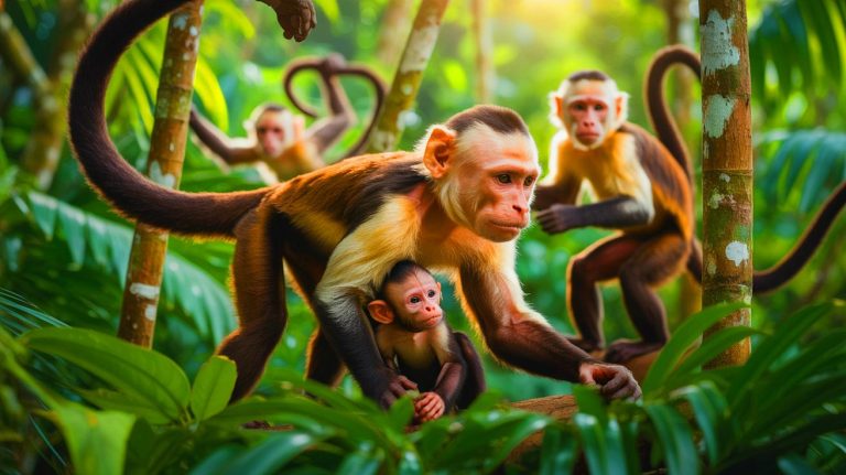 Illustration of white-faced capuchin monkeys abducting an infant howler monkey on Jicarón Island. Image generated by AI.