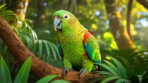 Illustration of a critically endangered Kākāpō parrot in its natural habitat. Image generated by AI.