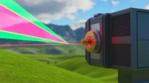 Illustration of a laser-based system reading tiny text from a great distance. Image generated by AI.