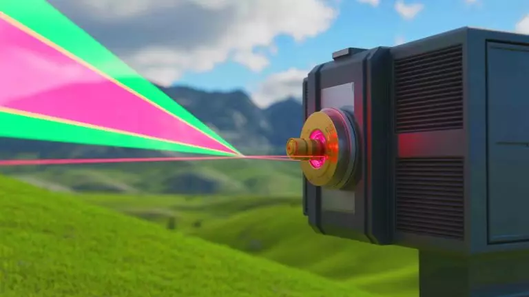 Illustration of a laser-based system reading tiny text from a great distance. Image generated by AI.