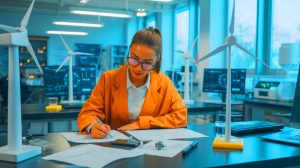 Illustration of a Penn State student analyzing aerodynamic equations to enhance wind turbine design (AI-generated, unrealistic). Credit: Ideogram.