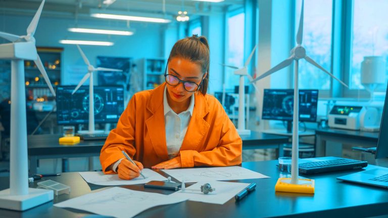 Illustration of a Penn State student analyzing aerodynamic equations to enhance wind turbine design (AI-generated, unrealistic). Credit: Ideogram.