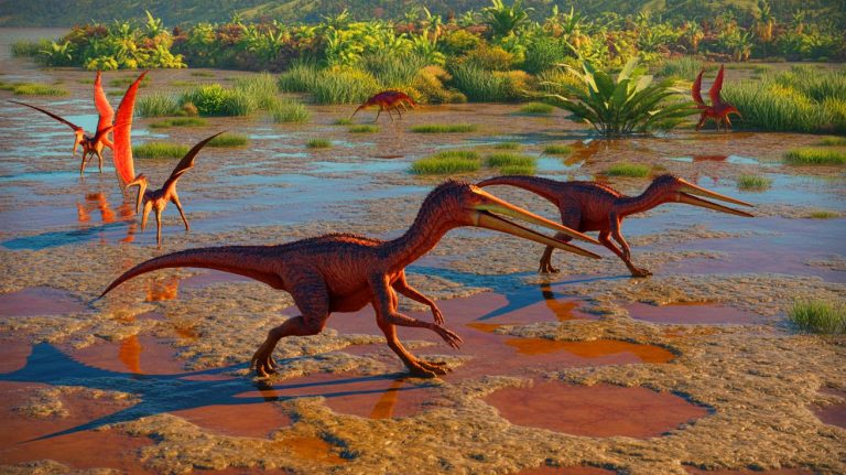 Illustration of ancient pterosaurs walking across a prehistoric mudflat (AI-generated, non-realistic illustration). Credit: Ideogram.