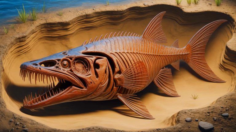 Illustration of the 225-million-year-old fish Saurichthys justicias with elongated jaws. Image generated by AI.