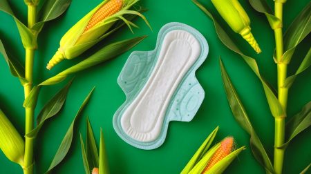 Illustration of cornstarch-based sanitary products reducing plastic waste (AI-generated, non-realistic illustration). Credit: Ideogram.