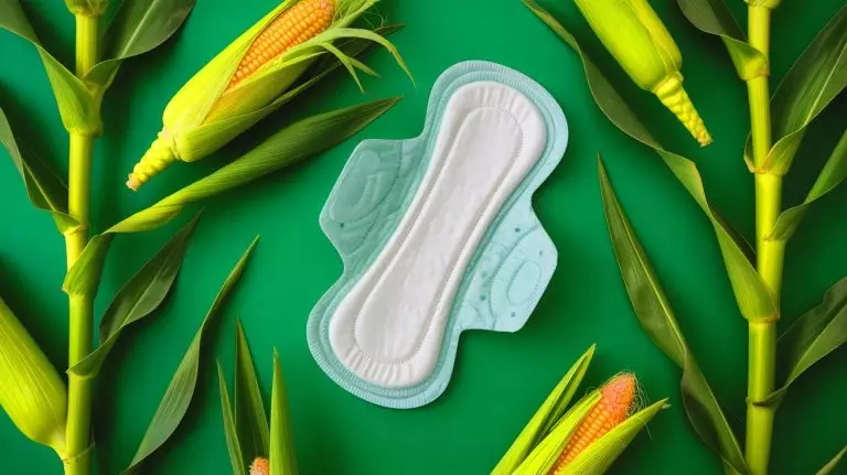 Revolutionary Change in Feminine Hygiene: Innovative Corn-Based Sanitary Pads Slash 485 Million Pounds of Plastic Waste Annually in Global Environmental Breakthrough Illustration of cornstarch-based sanitary products reducing plastic waste (AI-generated, non-realistic illustration). Credit: Ideogram.
