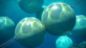 Illustration of underwater concrete spheres used for solar energy storage. Image generated by AI.