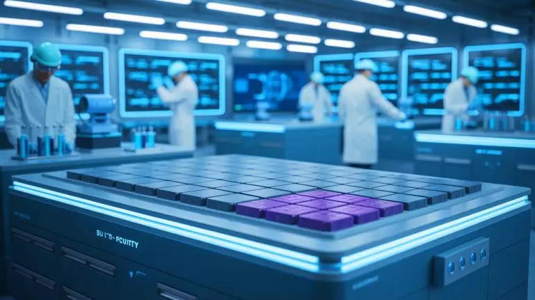 Illustration of the groundbreaking solid-state battery material composed of lithium, antimony, and scandium. Image generated by AI.