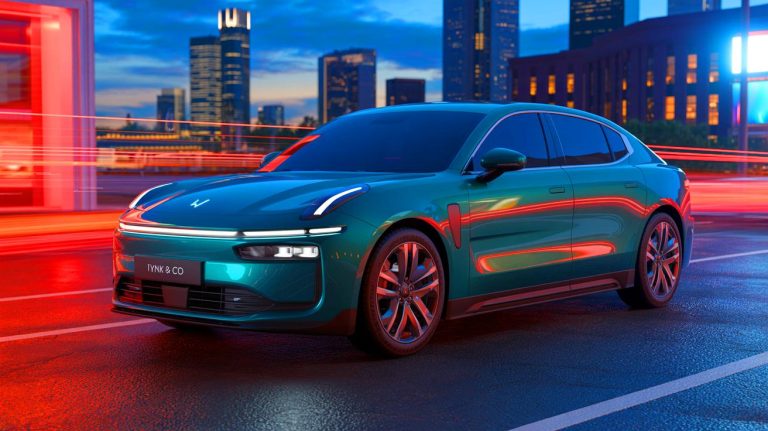 Illustration of Lynk & Co's 10 EM-P PHEV sedan with advanced hybrid technology. Image generated by AI.
