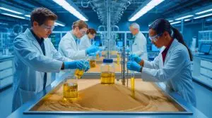 Illustration of scientists at the University of Stuttgart developing eco-friendly bio-concrete using human urine (AI-generated, unrealistic). Credit: Ideogram.