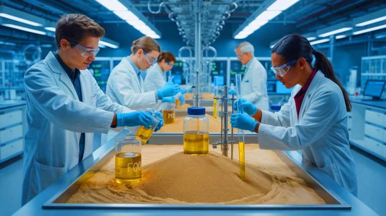 Illustration of scientists at the University of Stuttgart developing eco-friendly bio-concrete using human urine (AI-generated, unrealistic). Credit: Ideogram.