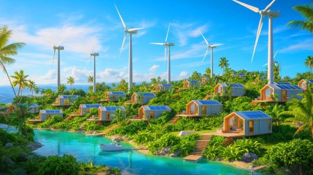 Illustration of Dachen Island transformed into China's first zero-carbon island powered by wind energy (AI-generated, unrealistic). Credit: Ideogram.