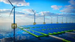 Illustration of the world's first offshore wind-solar project located in the Dutch North Sea. Image generated by AI.