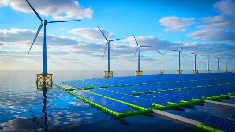 Illustration of the world's first offshore wind-solar project located in the Dutch North Sea. Image generated by AI.
