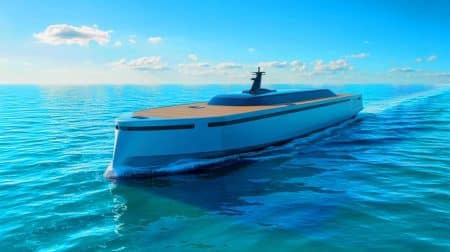 Illustration of the world's largest battery-powered electric ship, Hull 096, launched in Tasmania (AI-generated, non-realistic illustration). Credit: Ideogram.