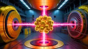 Illustration of the transformation of lead into gold at CERN's Large Hadron Collider. Image generated by AI.