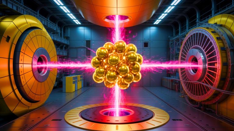 Illustration of the transformation of lead into gold at CERN's Large Hadron Collider. Image generated by AI.
