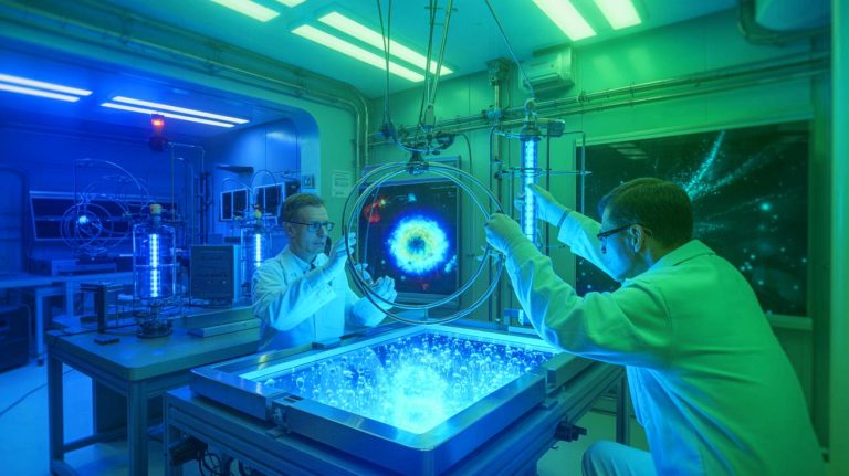 Illustration of the simulated process of false vacuum decay using ultracold atoms in a laboratory setting. Image generated by AI.