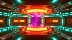 Illustration of a fusion reactor wall with high-energy alpha particles escaping from holes in the magnetic field (AI-generated, unrealistic). Credit: Ideogram.