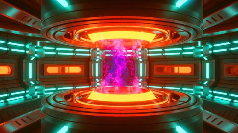 Illustration of a fusion reactor wall with high-energy alpha particles escaping from holes in the magnetic field (AI-generated, unrealistic). Credit: Ideogram.