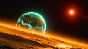 Illustration of the exoplanet K2-18b and its atmosphere. Image generated by AI.
