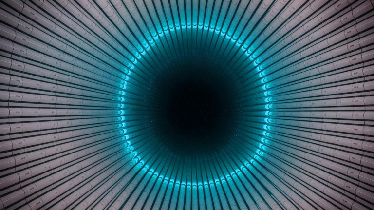 Illustration of the Super-Kamiokande neutrino detector deep beneath Mount Ikeno. Image generated by AI.