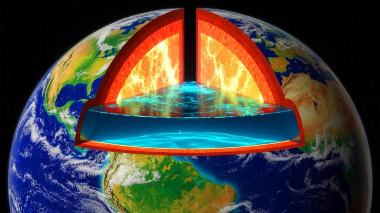 Illustration of a hidden ocean trapped within Earth's mantle beneath the surface (AI-generated, unrealistic). Credit: Ideogram.
