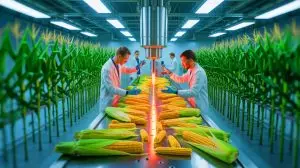 Illustration of scientists transforming corn stover into fermentable sugar for biofuel production (AI-generated, unrealistic). Credit: Ideogram.