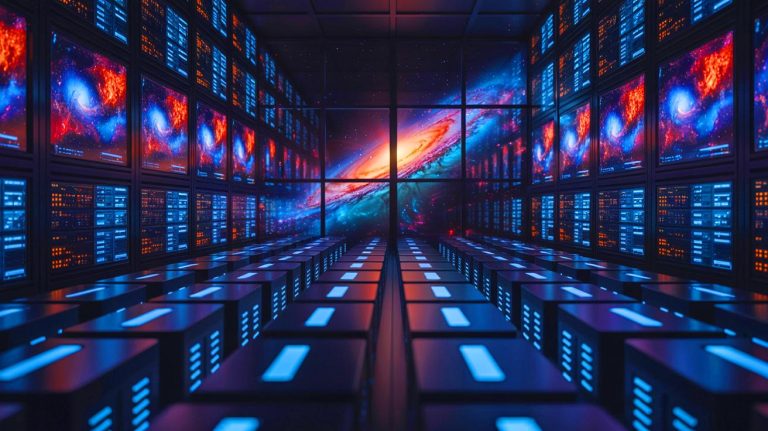 Illustration of a supercomputer simulating magnetized turbulence in space. Image generated by AI.