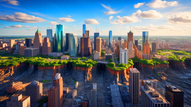 Illustration of the sinking urban landscape affecting major U.S. cities due to groundwater depletion (AI-generated, unrealistic). Credit: Ideogram.
