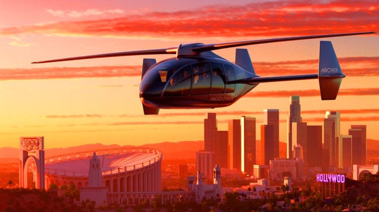 Illustration of Archer Aviation's Midnight eVTOL air taxi flying over Los Angeles during the 2028 Olympics. Image generated by AI.