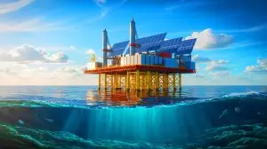 Illustration of a solar-powered offshore platform off the coast of Angola. Image generated by AI.