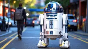 Illustration of the Star Wars-themed G1T4-M1N1 cargo robot inspired by R2-D2 (AI-generated, unrealistic). Credit: Ideogram.