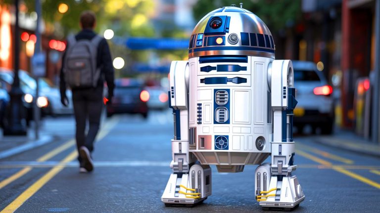 Illustration of the Star Wars-themed G1T4-M1N1 cargo robot inspired by R2-D2 (AI-generated, unrealistic). Credit: Ideogram.