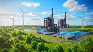 Illustration of the upcoming Stegra steel plant using green hydrogen in production (AI-generated, unrealistic). Credit: Ideogram.