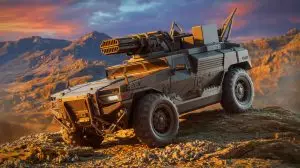 Illustration of the KRAMPUS thermobaric-armed unmanned ground vehicle in action. Image generated by AI.