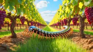 Illustration of robotic centipedes navigating agricultural terrain. Image generated by AI.