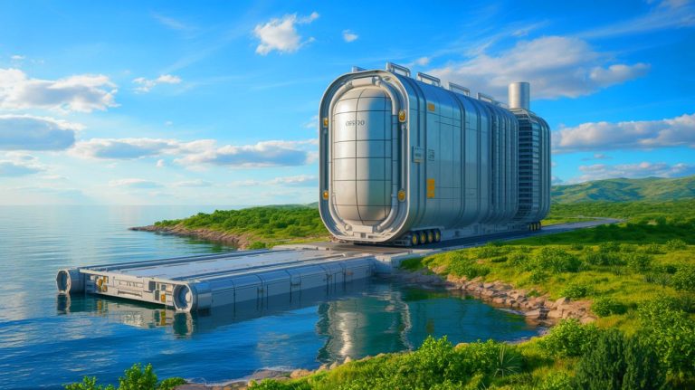 Illustration of a Transportable Nuclear Power Plant demonstrating resilience to attacks and disasters. Image generated by AI.