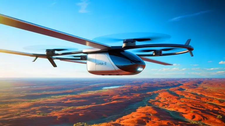 Illustration of the AURA-E drone revolutionizing rural logistics in Australia. Image generated by AI.