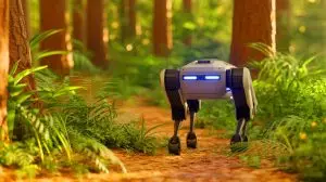 Illustration of a quadruped robot equipped with advanced sensory technology navigating a forest terrain. Image generated by AI.