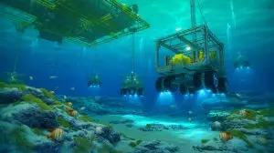 Illustration of deep-sea mining operations extracting polymetallic nodules from the ocean floor (AI-generated, unrealistic). Credit: Ideogram.