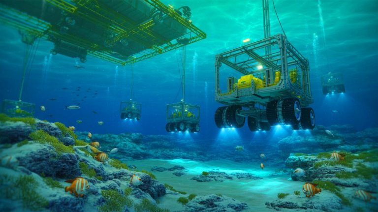 Illustration of deep-sea mining operations extracting polymetallic nodules from the ocean floor (AI-generated, unrealistic). Credit: Ideogram.