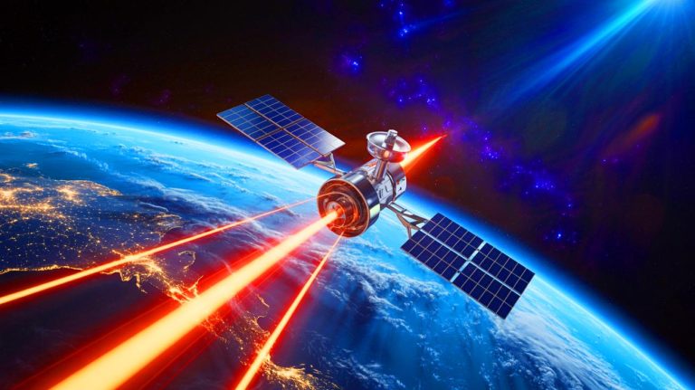 Illustration of a satellite beaming solar energy to Earth from space. Image generated by AI.