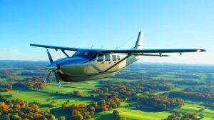 Illustration of ZeroAvia's hydrogen-electric cargo plane taking off, showcasing sustainable aviation technology. Image generated by AI.