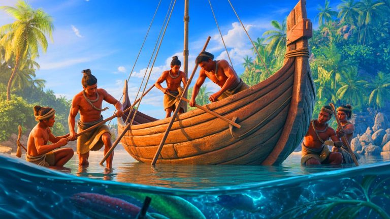 Illustration of ancient Southeast Asian seafarers constructing boats and fishing in deep waters (AI-generated, unrealistic). Credit: Ideogram.