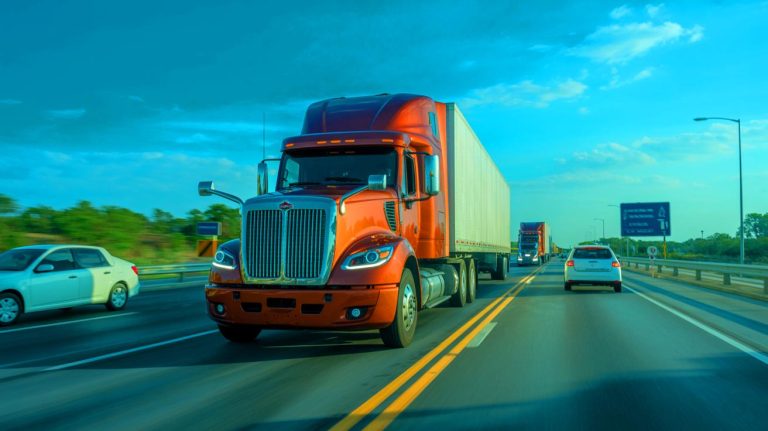 Illustration of an autonomous 18-wheeler truck on a Texas highway (AI-generated, unrealistic). Credit: Ideogram.