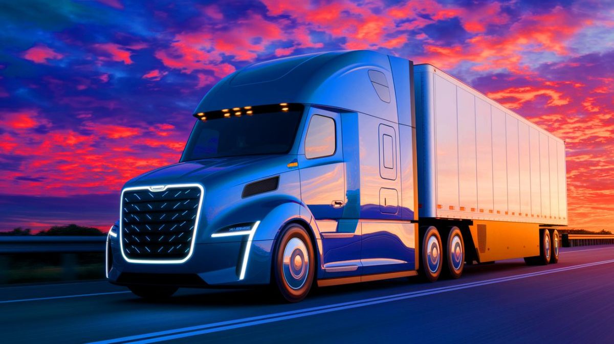 Illustration of a futuristic hydrogen fuel cell truck concept for long-haul transportation (AI-generated, non-realistic illustration). Credit: Ideogram.