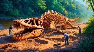 Illustration of the colossal mosasaur fossil discovery in Mississippi, depicting the prehistoric marine predator. Image generated by AI.
